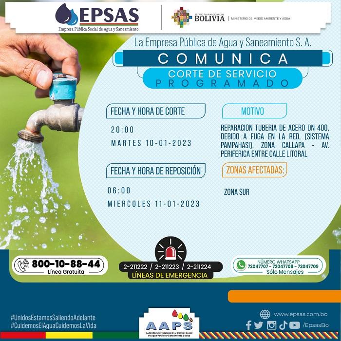Epsas anuncia corte de agua en al menos 114 zonas del sur de La Paz por Epsas anuncia corte de agua en al menos 114 zonas del sur de La Paz por