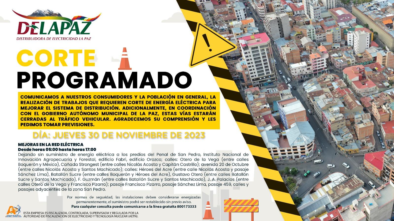 DeLaPaz anuncia corte de electricidad en la zona San Pedro para este ...